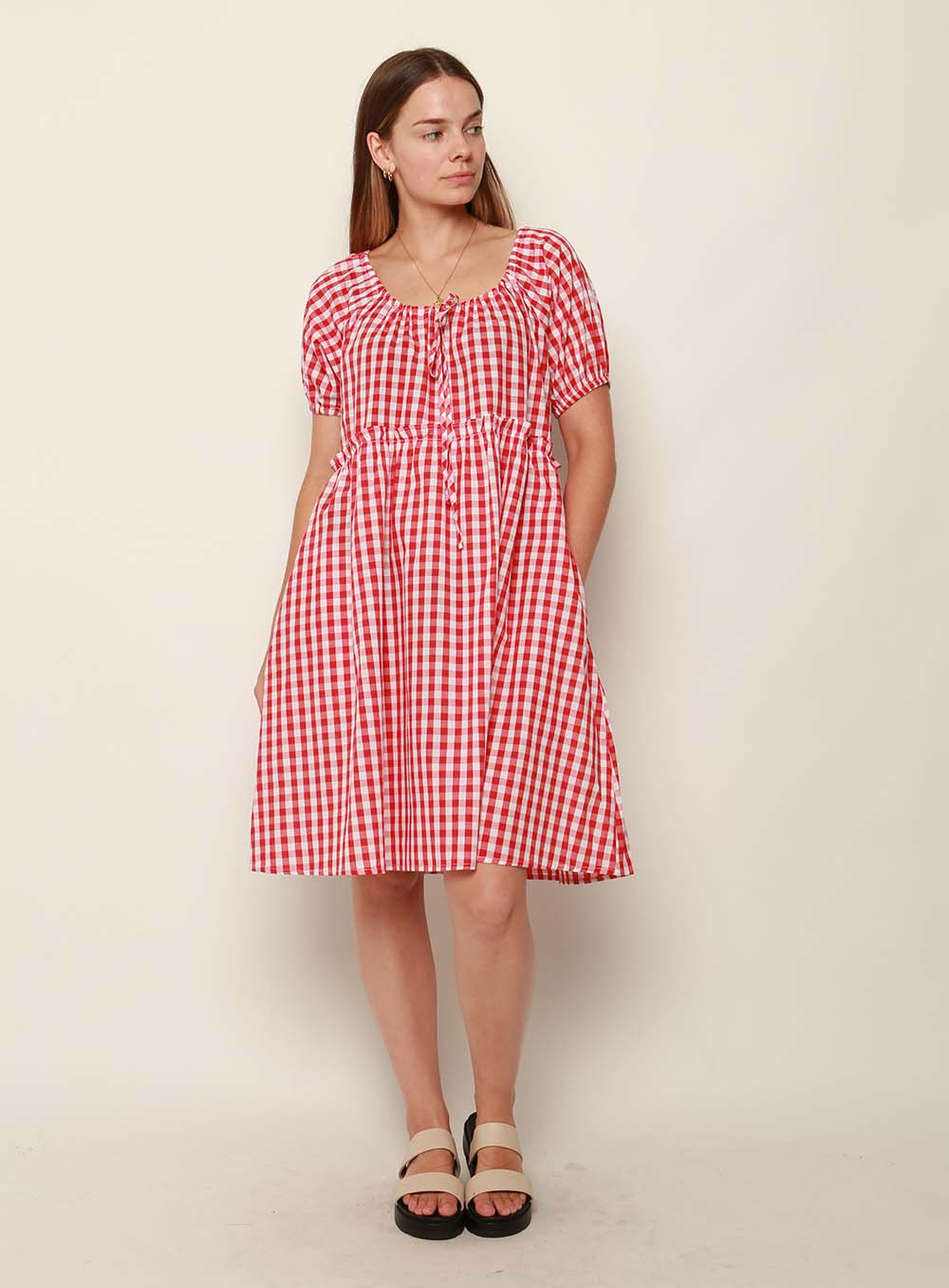 Lisa Gingham Drawstring Dress-RED