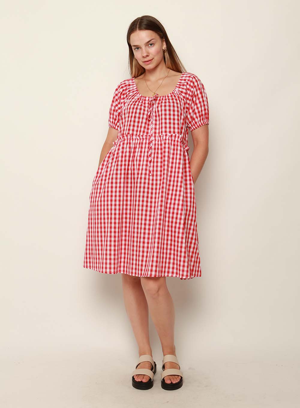 Lisa Gingham Drawstring Dress-RED