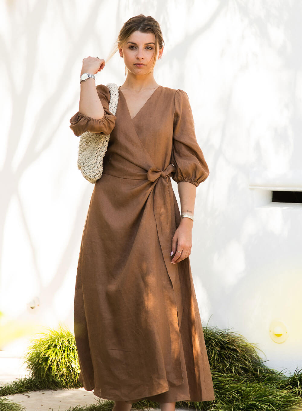 Lydia Linen Wrap Dress Cocoa