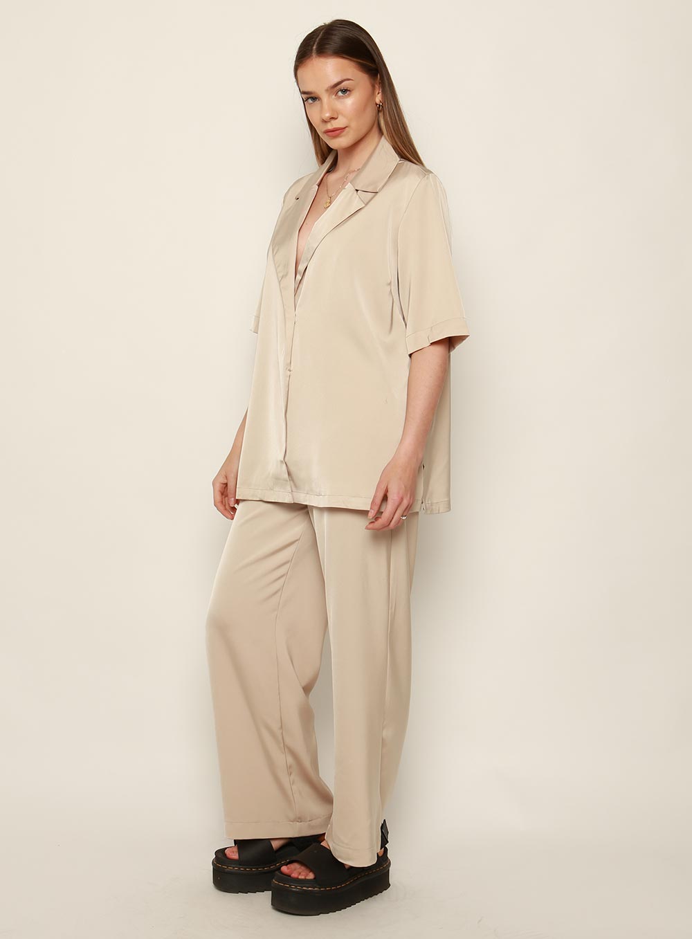 Mali Satin Set Shirt-BEIGE