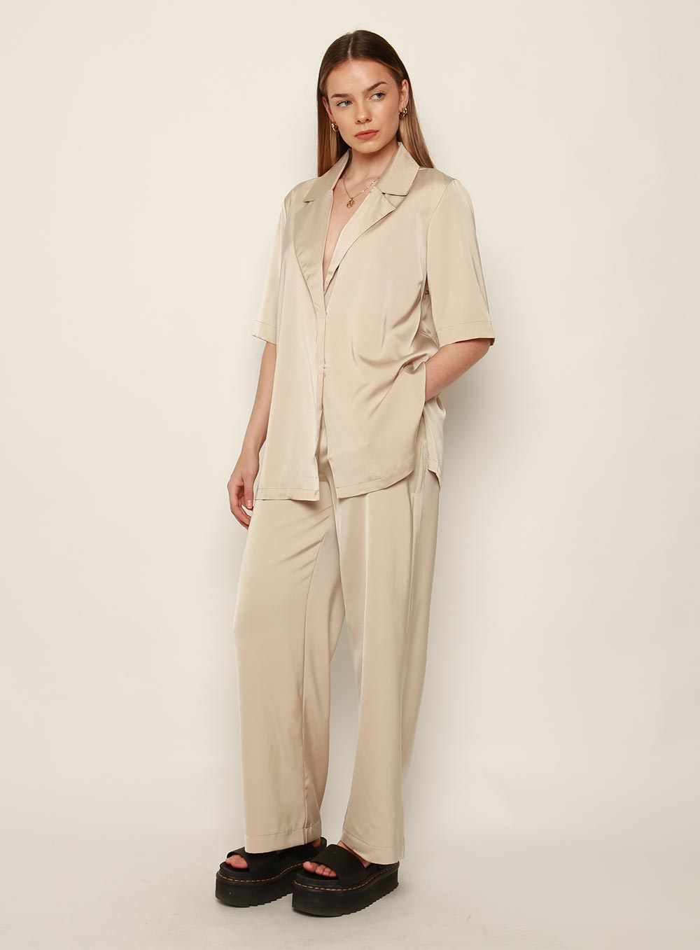 Mali Satin Set Shirt-BEIGE