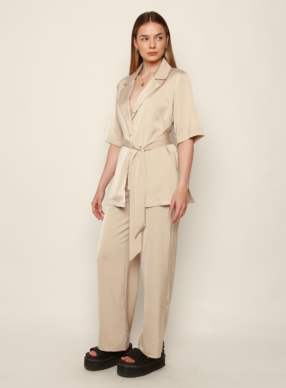 Mali Satin Set Shirt-BEIGE