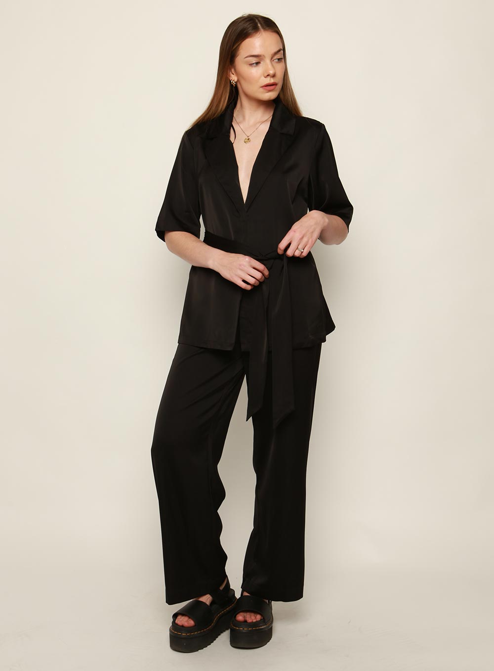 Mali Satin Set Shirt-Black