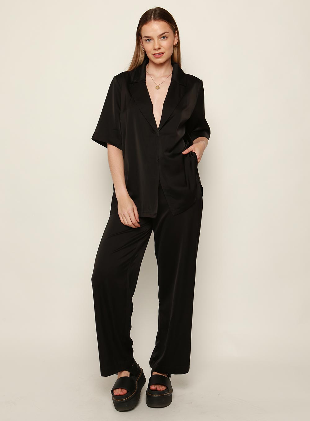 Mali Satin Set Shirt-Black