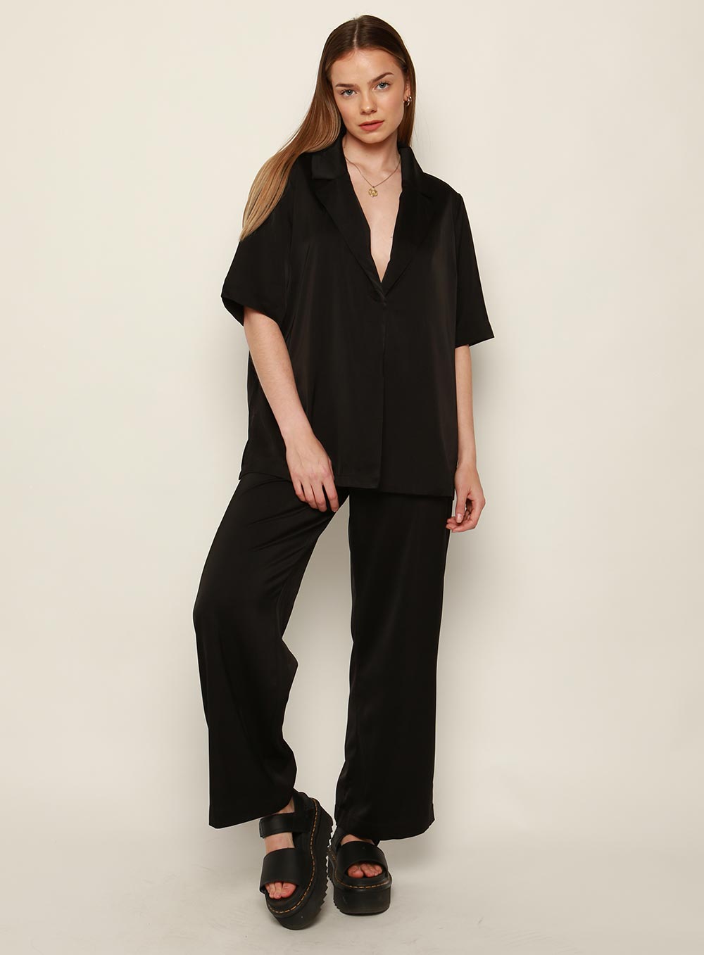 Mali Satin Set Shirt-Black