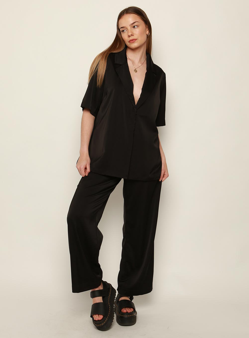 Mali Satin Set Shirt-Black