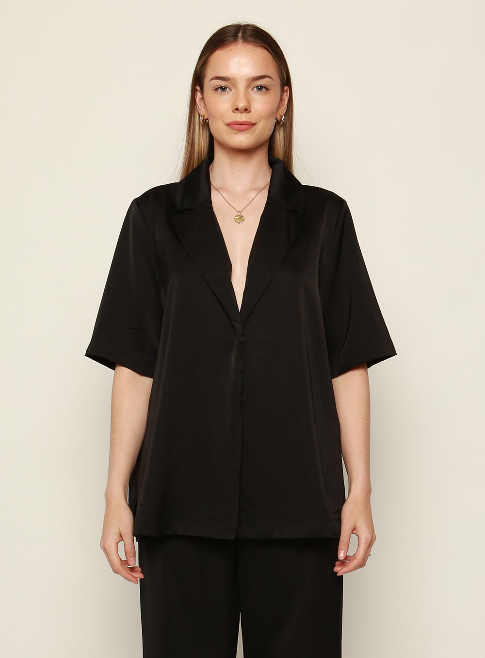 Mali Satin Set Shirt-Black