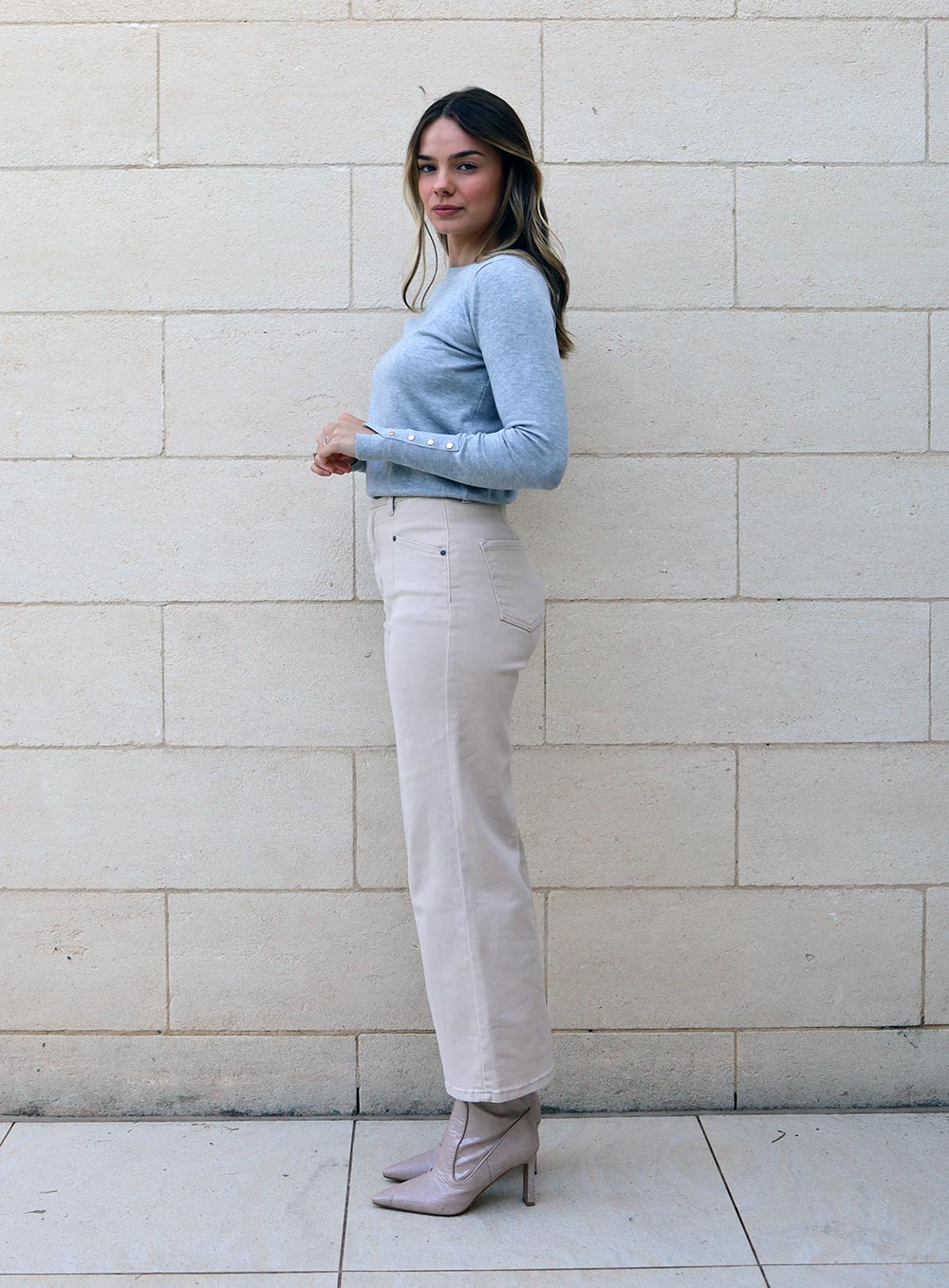 Olivia Button Sleeve Knit-Grey
