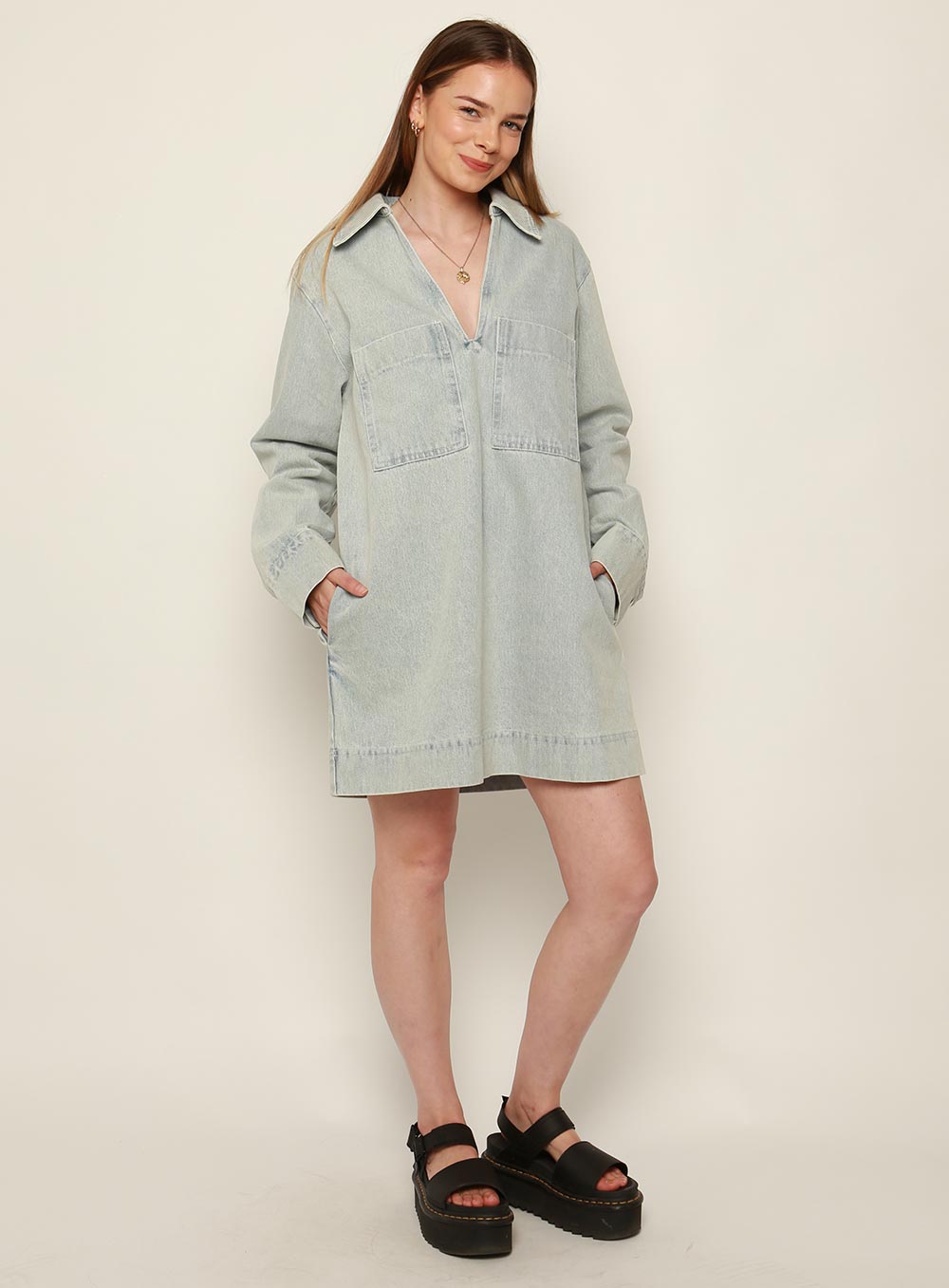 Tara Long Sleeve Dress-LIGHT DENIM