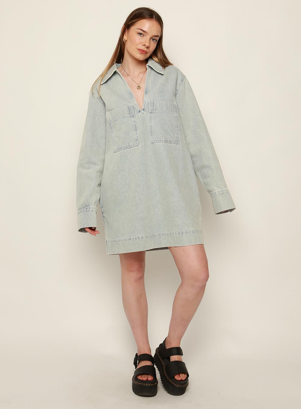 Tara Long Sleeve Dress-LIGHT DENIM