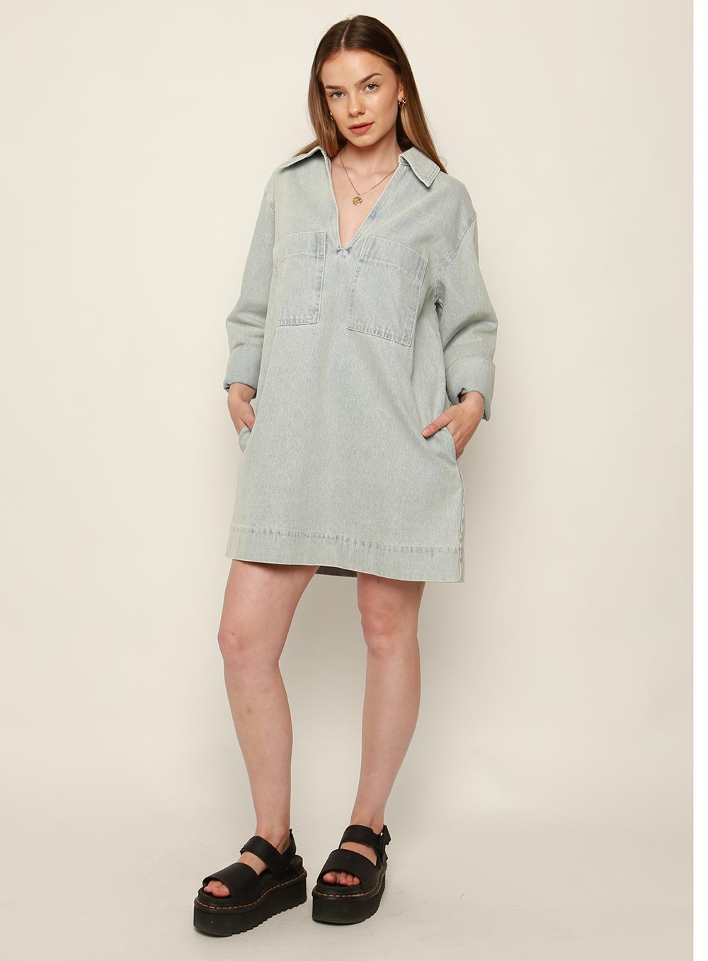 Tara Long Sleeve Dress-LIGHT DENIM