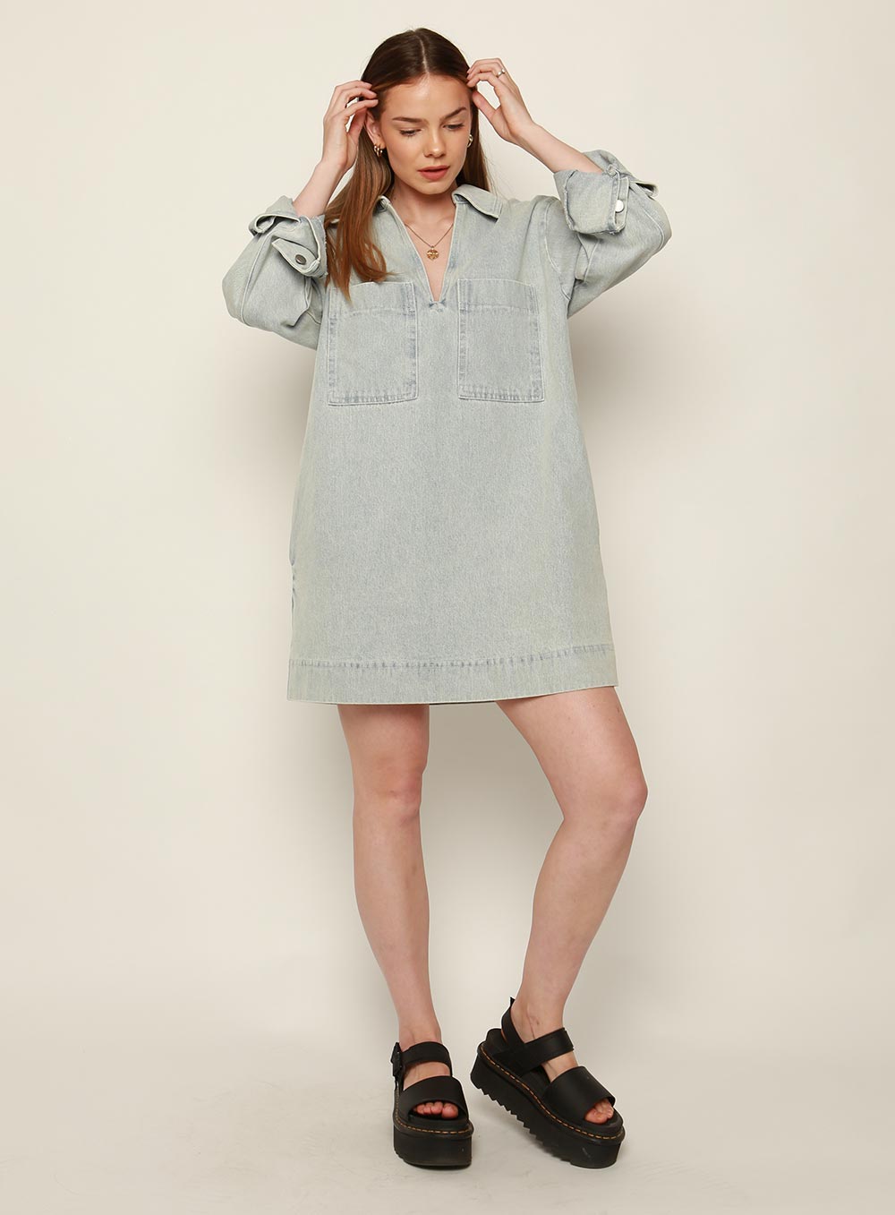 Tara Long Sleeve Dress-LIGHT DENIM